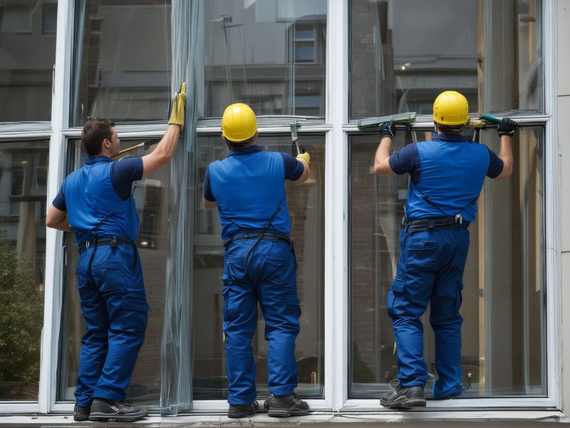 Three professional window cleaners in uniform cleaning windows together