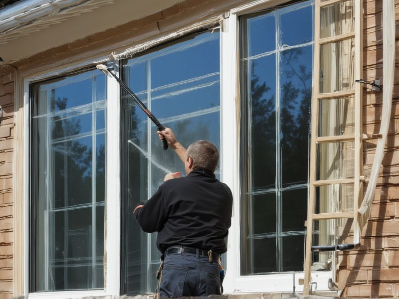 Professional window cleaner working on residential home windows